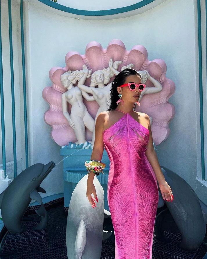 Classy Hot Pink Halter Satin Backless Prom Evening Dress,Slit Party Gown - View 6 | FashionDia