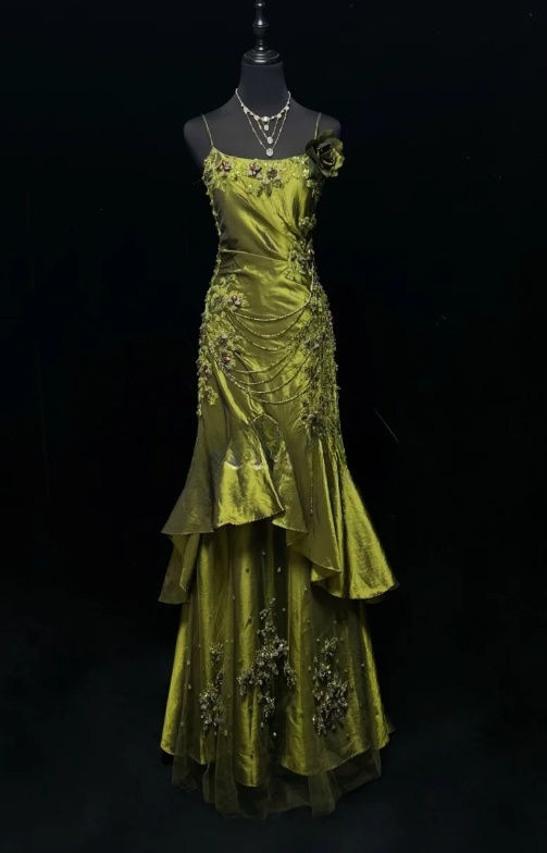 Vintage Spaghetti Strap Olive Green Satin Beaded Mermaid Long Prom Dresses Formal Prom Gown - FashionDia