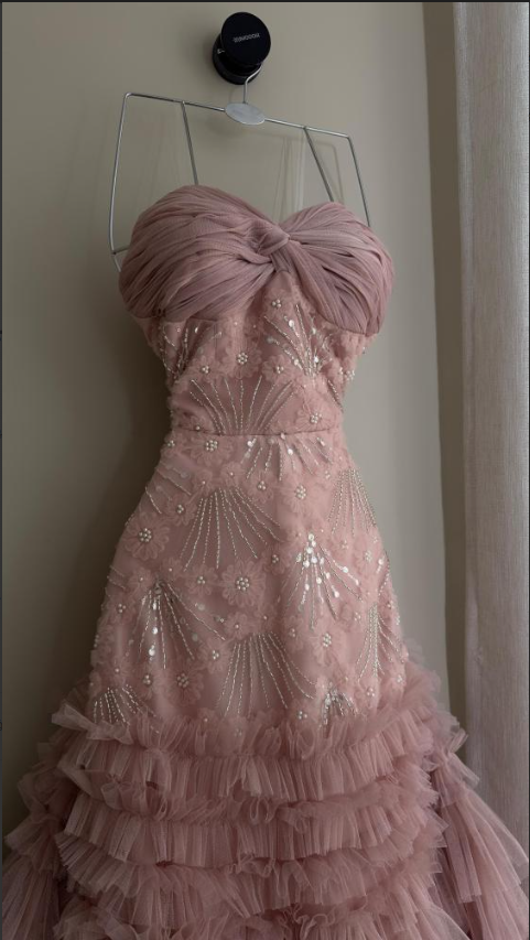 Elegant Sweetheart Neck Pink Sequin Tulle Lace Pleated Mermaid Long Party Dress Evening Gown - View 3 | FashionDia