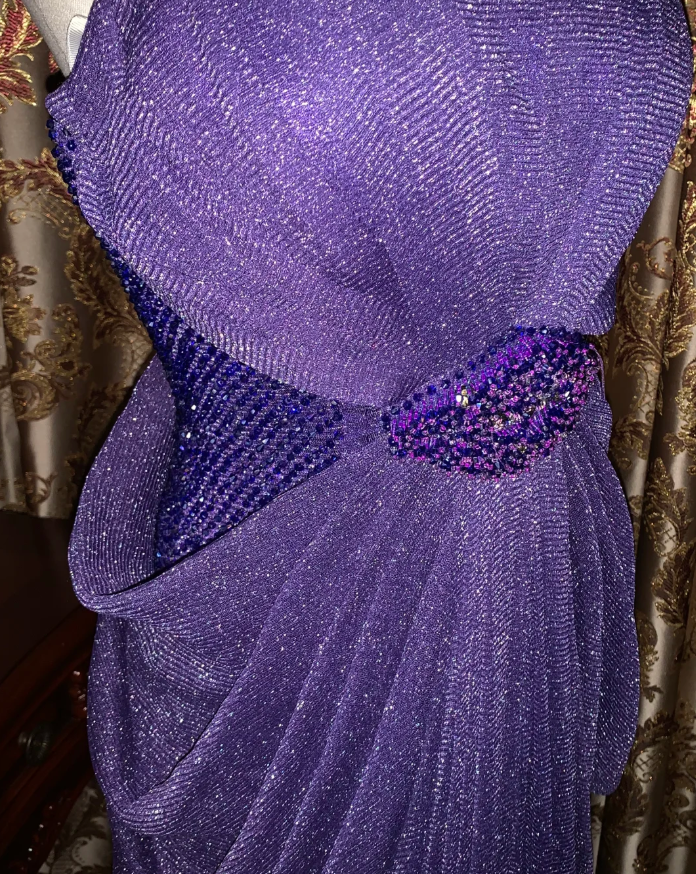Sparkly Purple Tulle Sequin Beaded Pleated Mermaid Evening Dress Long Birthday Prom Gown - View 6 | FashionDia