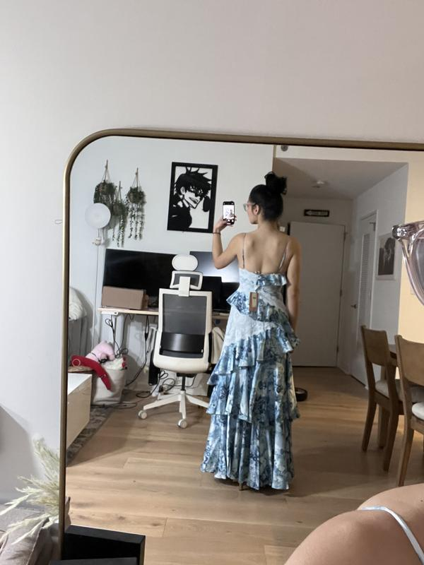 Vintage Blue Satin Print Tiered Ruffles A-Line party Dress,Spaghetti Straps Prom Evening Dress - View 2 | FashionDia