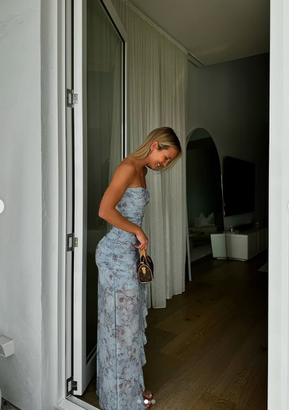 Blue Chiffon Print Floral Evening Dress,Long Slit Ruffles Party Prom Dress - View 3 | FashionDia