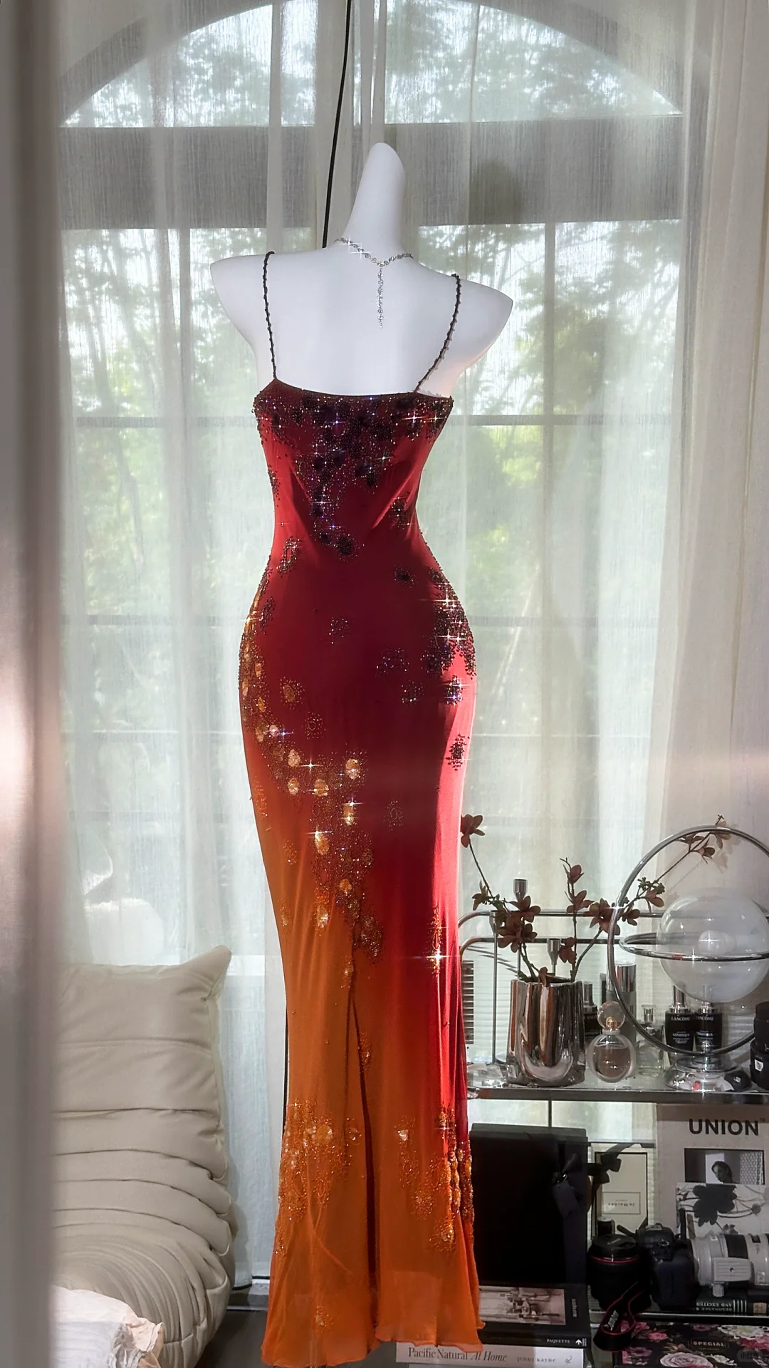 Vintage Spaghetti Straps Ombre Orange Chiffon Sequin Beaded Mermaid Long Party Dress Evening Gown