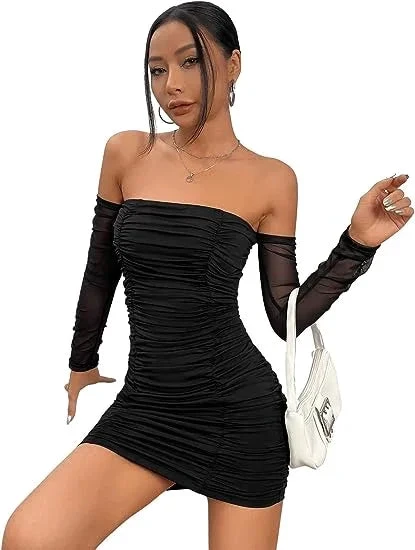 Women's Contrast Mesh Off The Shoulder Ruched Pencil Hem Fitted Homecoming Dress (ZD12021)