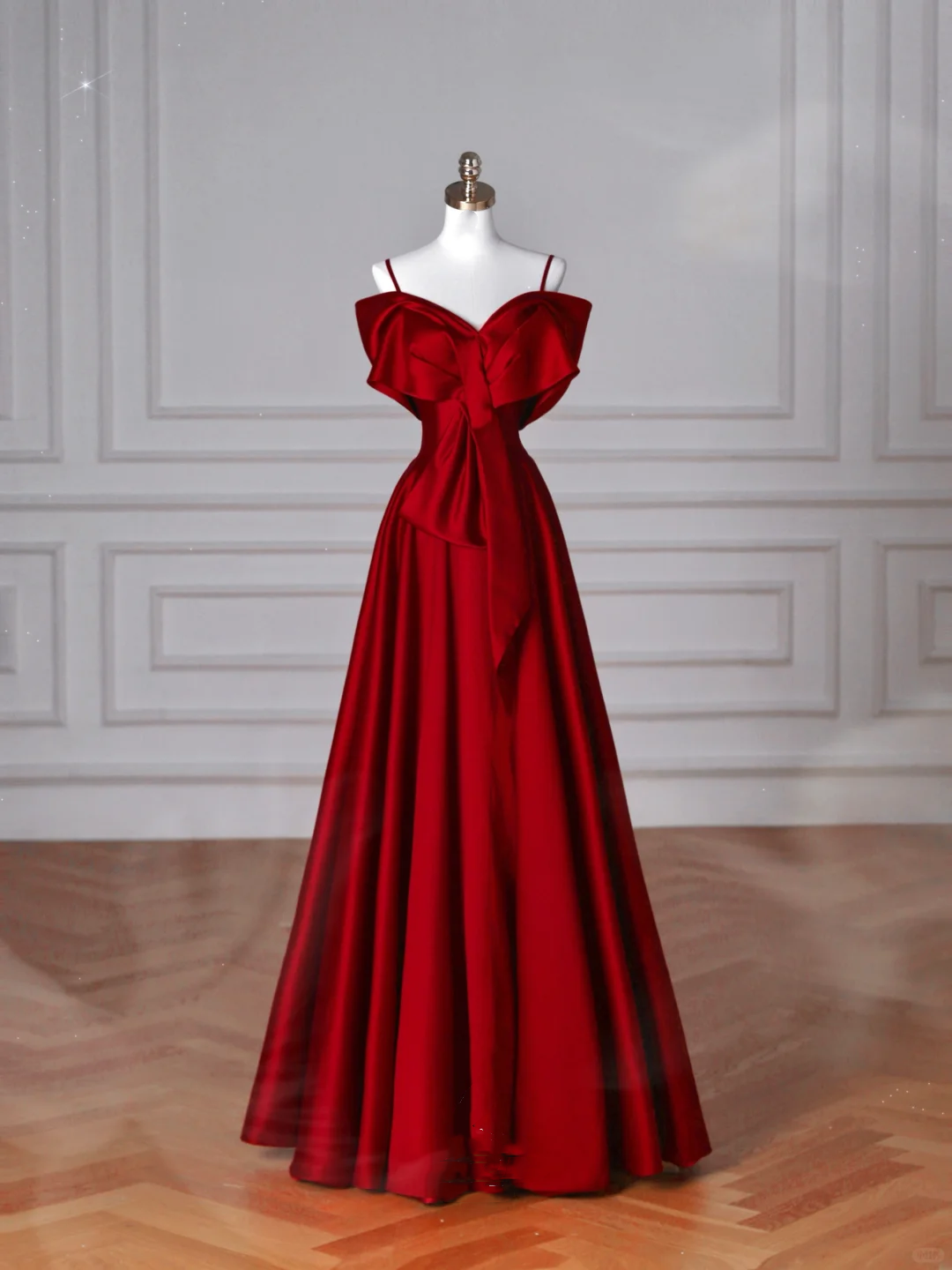 Red Satin Off The Shoulder Prom Dress Bow A Line Evening Dress Y8626 - VelvetHem