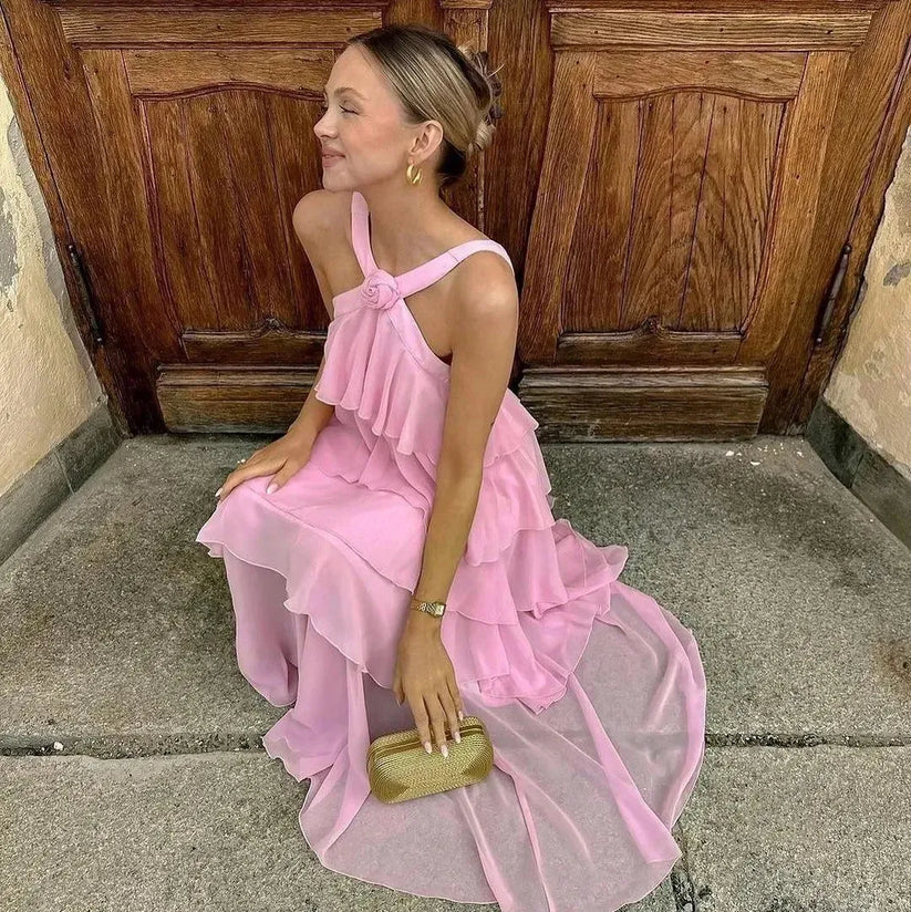 Women's Pink A-Line Tiered Prom Dress,Pink Backless Evening Dress - View 8 | FashionDia
