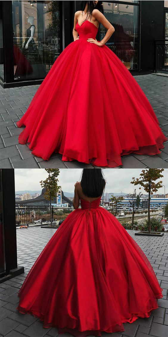 Sweetheart Lace-up Ball Gown Floor-length Red Long Big Prom Dress - View 3 | VelvetHem