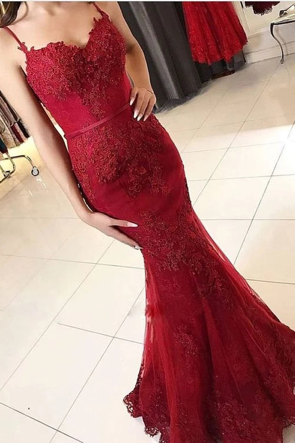 Spaghetti Straps Burgundy Spaghetti Straps Mermaid Long Lace Prom Dress - VelvetHem