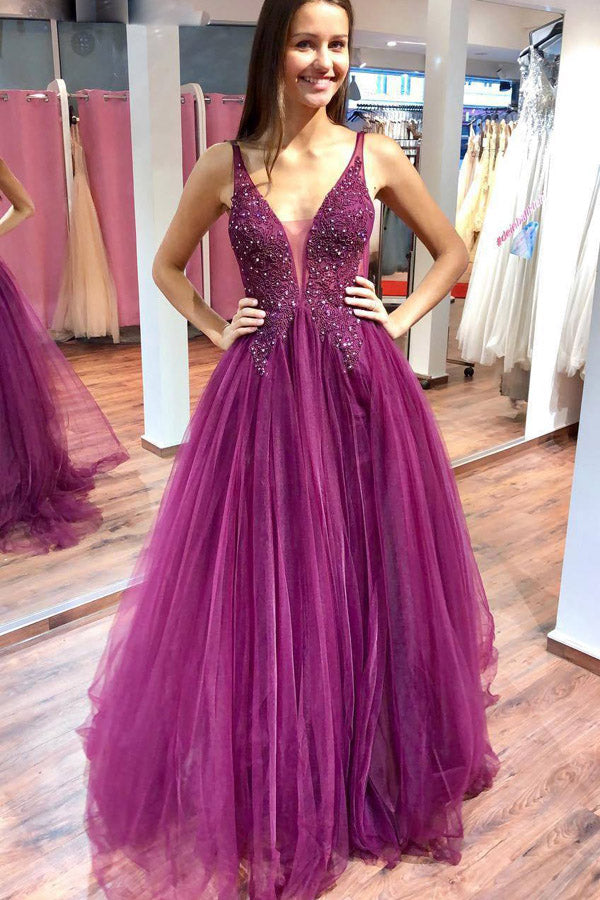 Sparkly V-neck Fuchsia Tulle & Lace Long Prom Dresses with Beaded, Elegant Evening Dresses - VelvetHem