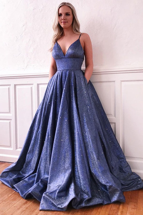 Sparkle A-line Deep V-neck Spaghetti Straps Sweep Train Prom Dress with Pockets - VelvetHem