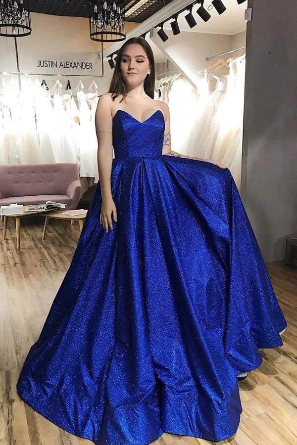 Sparkle Royal Blue Tulle Strapless V-neck A-Line Prom Dress with Pockets - VelvetHem