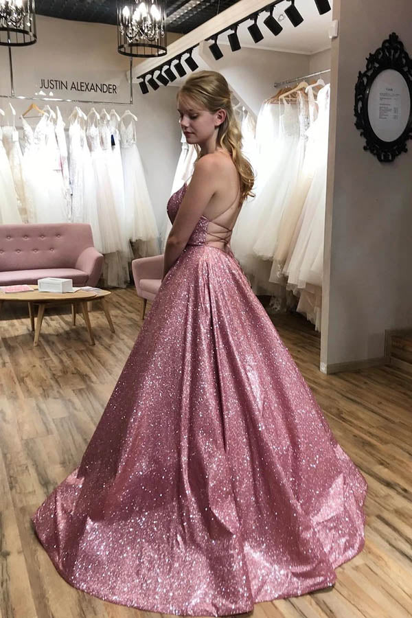 Sparkle A-line Scoop Spaghetti Straps Sweep Train Prom Dress with Pockets - View 2 | VelvetHem