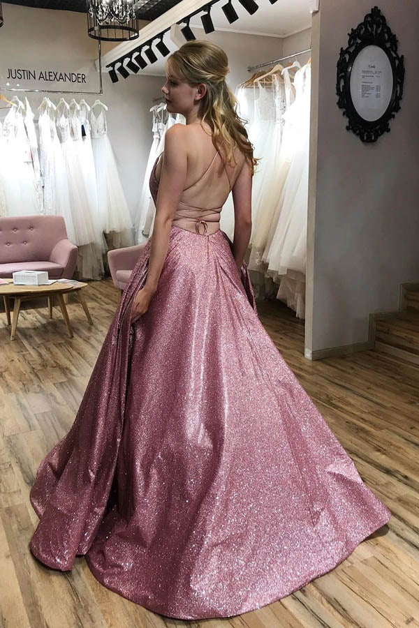 Sparkle A-line Scoop Spaghetti Straps Sweep Train Prom Dress with Pockets - View 3 | VelvetHem