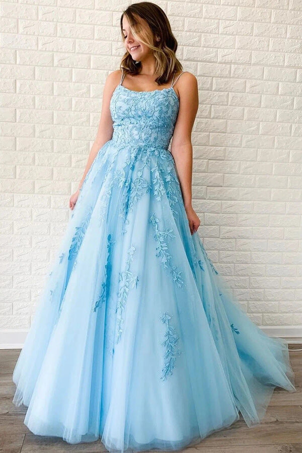 Yellow Tulle Spaghetti Straps Scoop A-Line Prom Dresses with Appliques - View 5 | VelvetHem