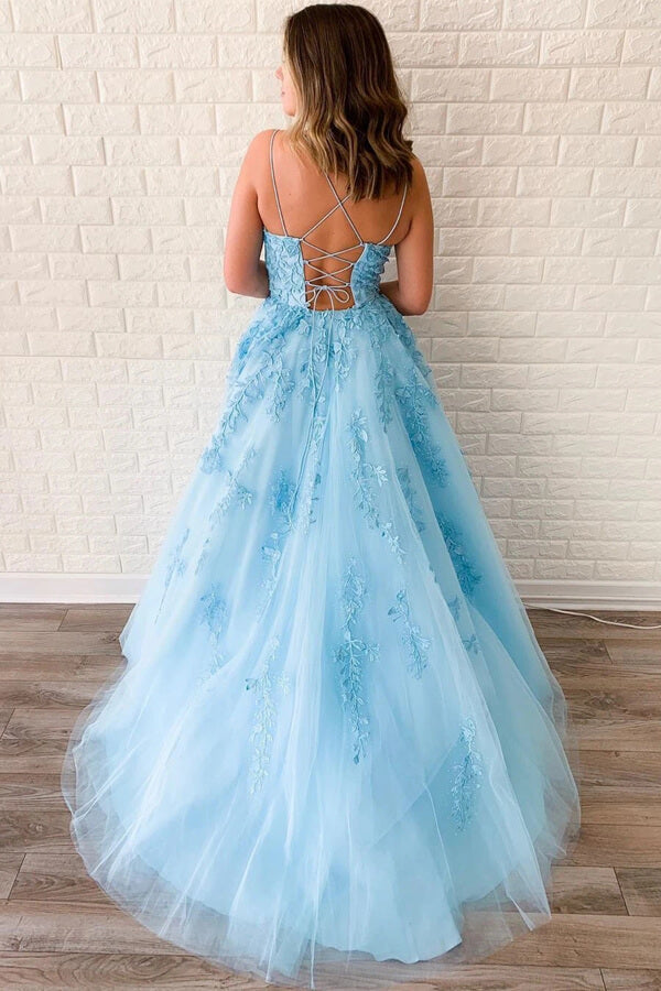 Yellow Tulle Spaghetti Straps Scoop A-Line Prom Dresses with Appliques - View 6 | VelvetHem