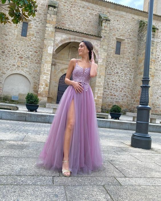 A Line Tulle Purple Formal Evening Dresses Long Front Split Prom Dresses
