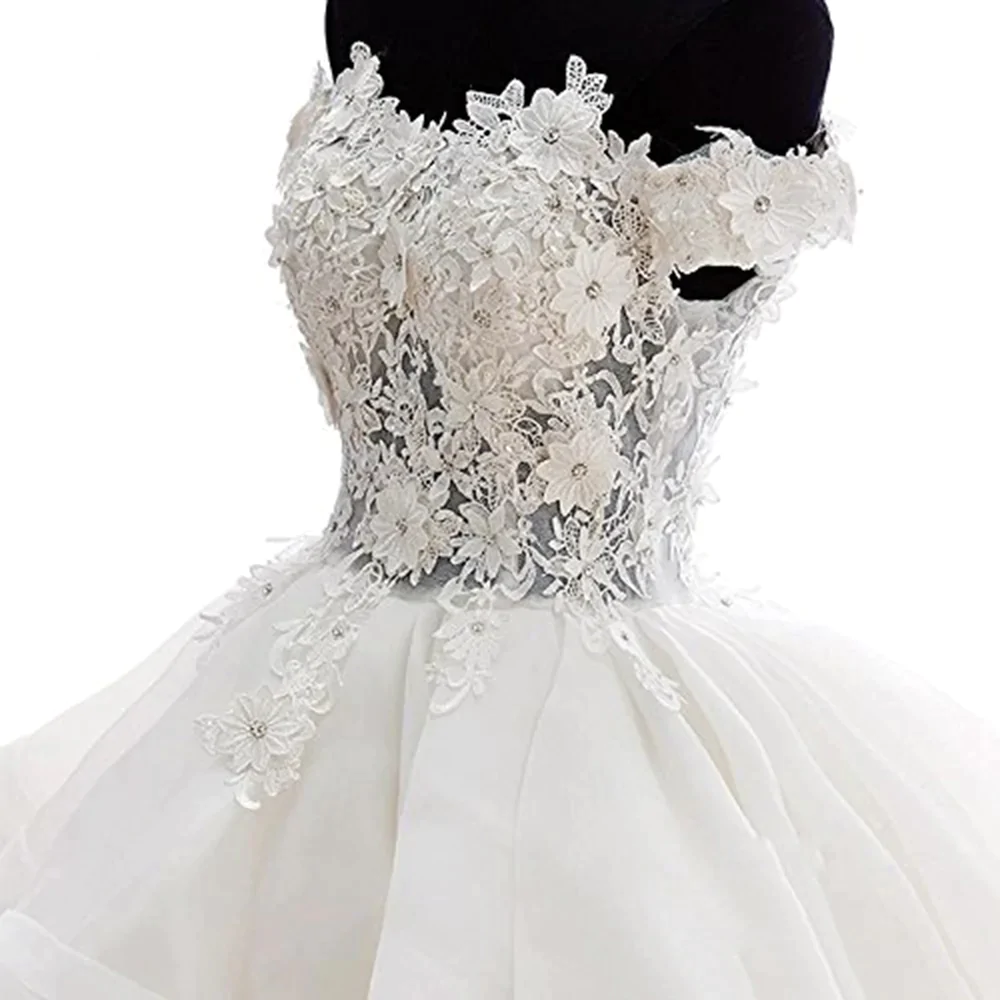 White sweetheart lace applique short cute white homecoming dress Off-the-Shoulder Organza Short Lace Applique Teen Formal Dress - View 2 | FashionDia
