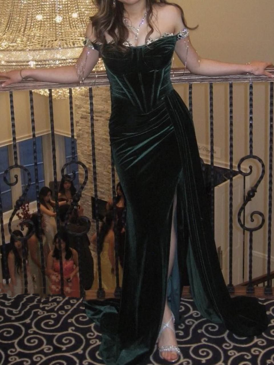 Vintage Off-the-Shoulder Green Velvet Beaded Mermaid Evening Dress Slit Long Prom Dresses - FashionDia