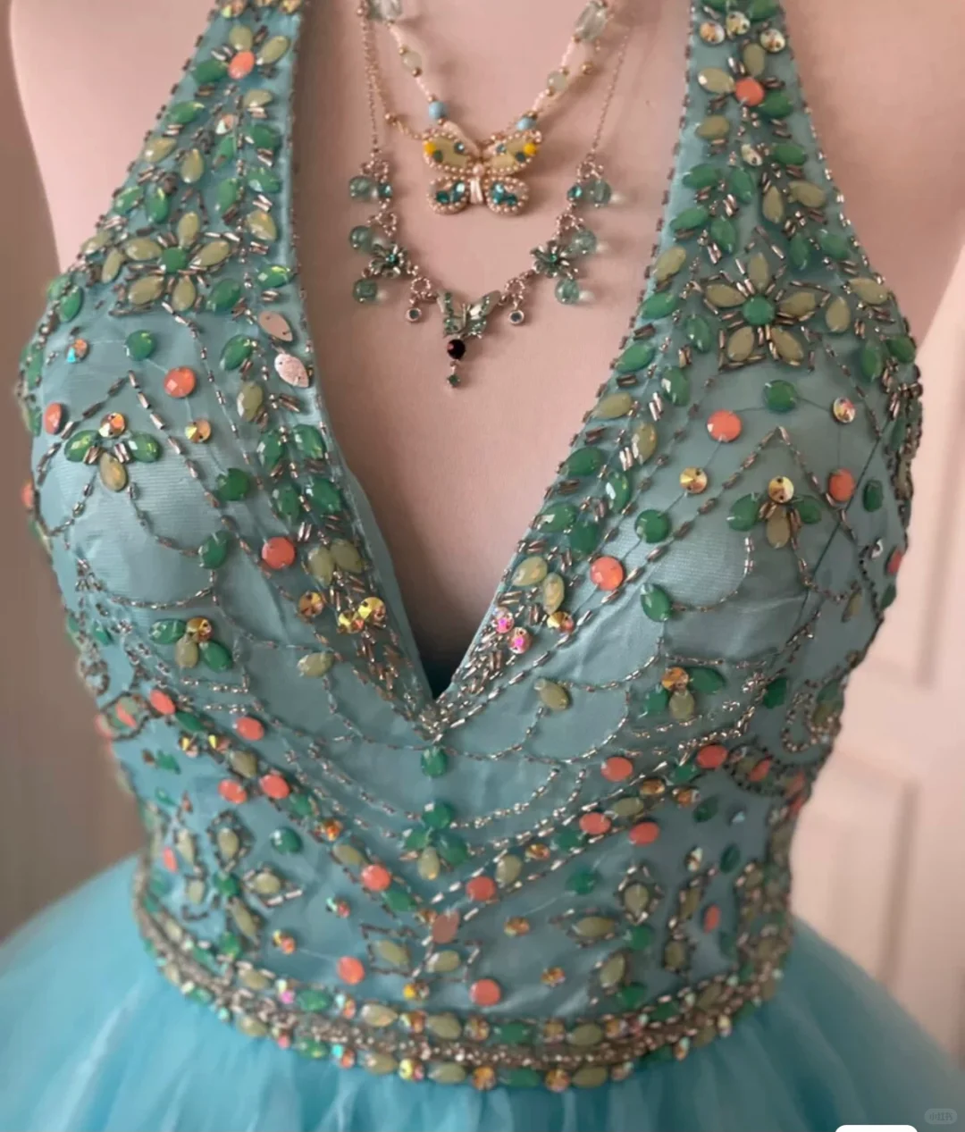 Vintage Blue Halter Tulle Beaded A Line Short Party Dress Formal Homecoming Dress