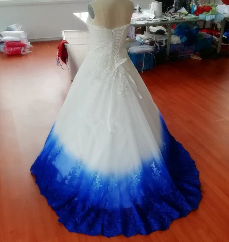 Ball Gown Ombre Prom Dresses, Sweetheart Strapless Evening Dresses, Blue Applique Formal Dresses - View 3 | FashionDia