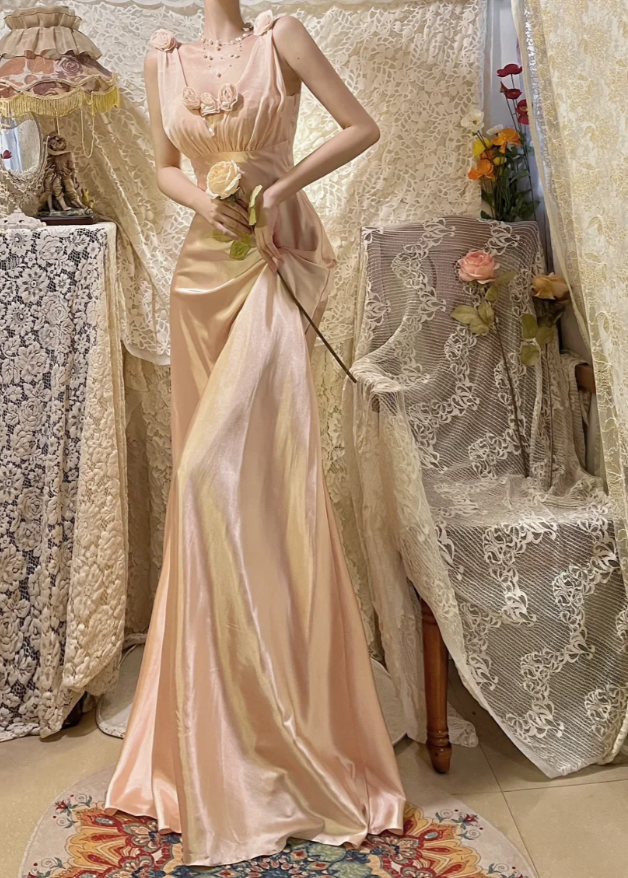 Pretty Pink V-Neck Satin Mermaid Long Wedding Guest Dress Formal Birthday Prom Dress Party Gown - View 2 | FashionDia