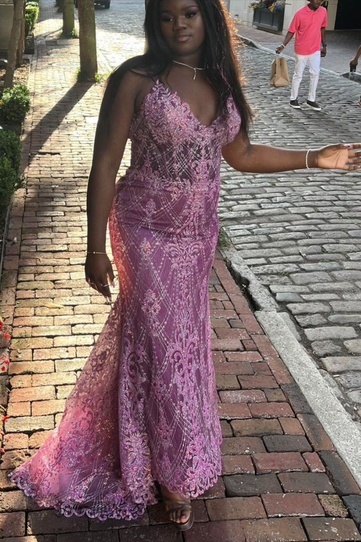 Gorgeous Spaghetti Straps Purple Tulle Lace Beaded Mermaid Party Dress Long Wedding Guest Dress - View 2 | FashionDia