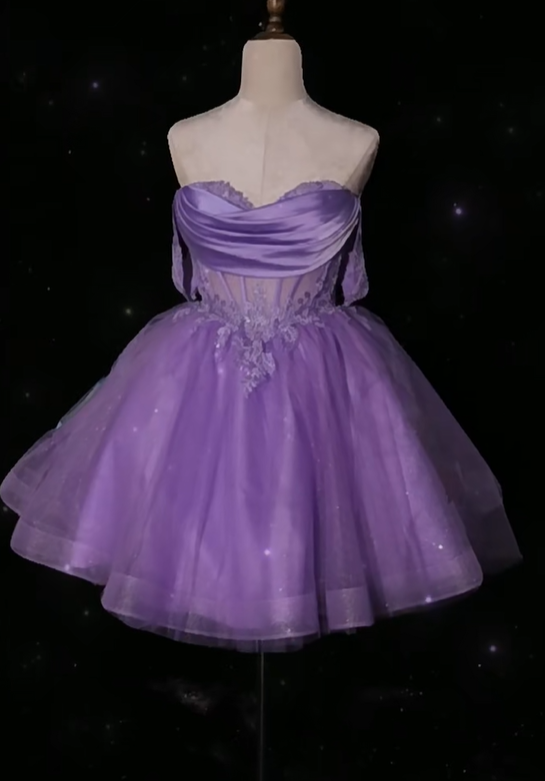 Elegant Lavender Sweetheart Neck Tulle Appliques A-Line Birthday Outfits Formal Homecoming Dress - FashionDia