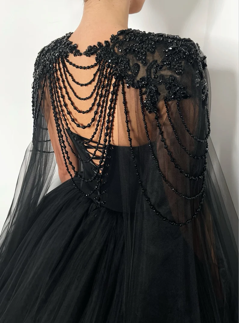 Black Gothic crystal beaded corset wedding tulle dress, elegant beaded alternive bride dress, long black cape black prom dress - View 5 | FashionDia
