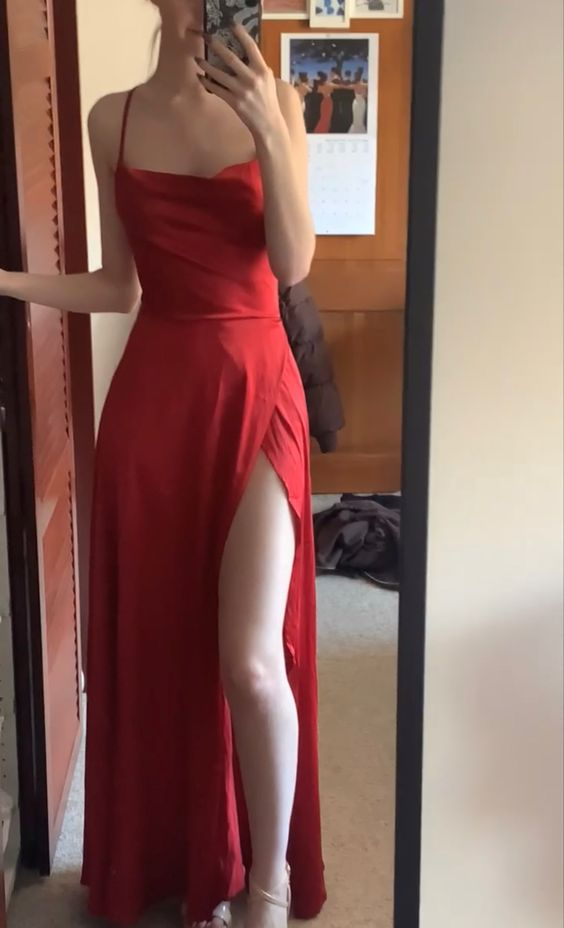 Simple Red Satin Spaghetti Straps Long Prom Dress