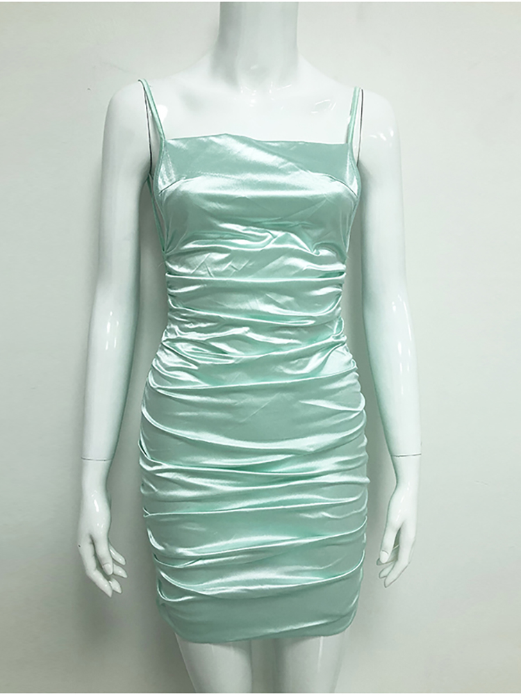 Summer Ruched Dress Women Square Neck Backless Criss-cross Straps Sexy Dress Mint Elastic Slim-Fit Bodycon Dresses Sexy Homecoming Dress - View 2 | FashionDia