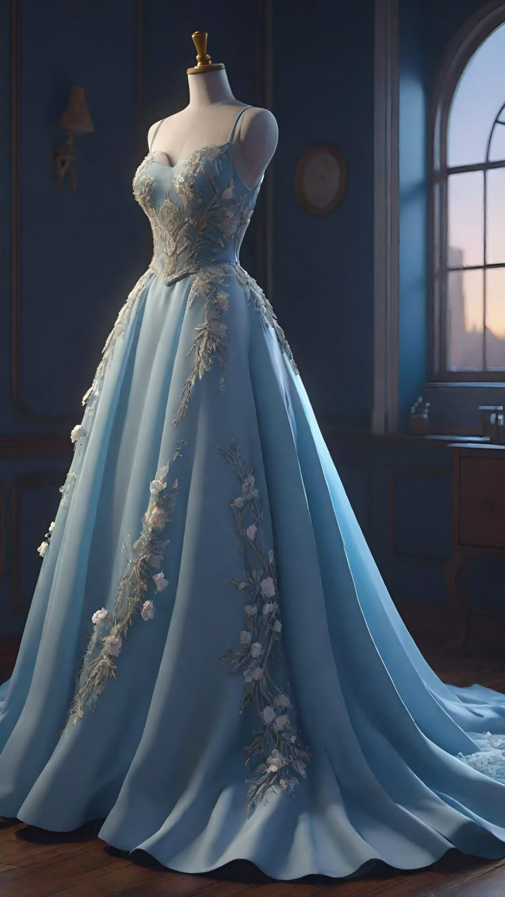Elegant Blue Satin Appliques Evening Dress,Spaghetti Straps A-Line Party Prom Dress - FashionDia