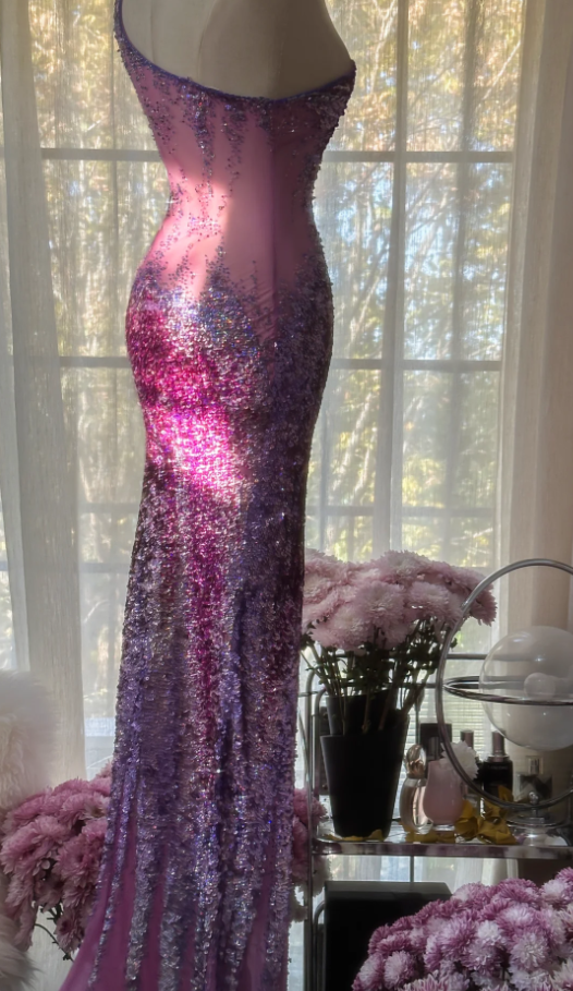 Glamorous Ombre Purple One-Shoulder Chiffon Sequin Beaded Mermaid Long Evening Dress Birthday Party Dress - View 6 | FashionDia