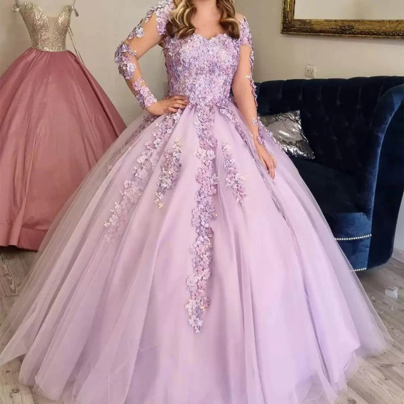 Lilac Ball Gown 3D Floral Lace Applique Long Sleeve Special Occasion Dress Sweet 16 Dress - FashionDia