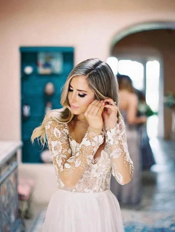 See Through Beaded Floral Lace Long Sleeve Boho Wedding Dresses (ZD14009)