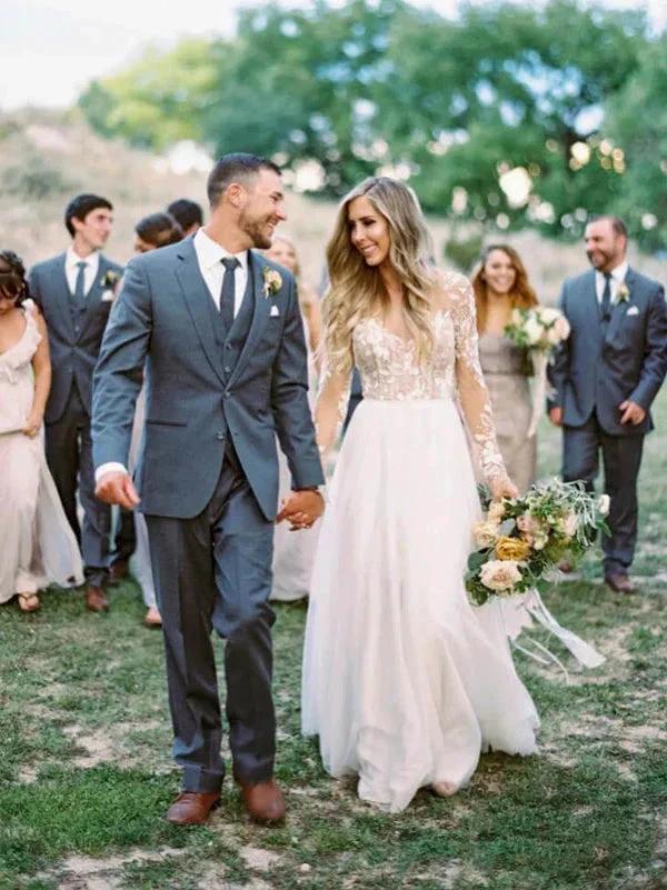See Through Beaded Floral Lace Long Sleeve Boho Wedding Dresses MW269 by Musebridals