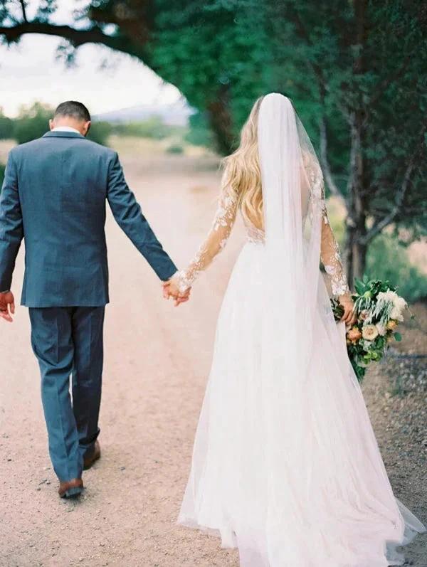 See Through Beaded Floral Lace Long Sleeve Boho Wedding Dresses (ZD14009)