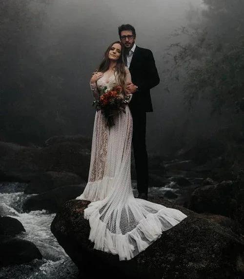 Lace Polka Dot Boho with Sleeves Bohemian Wedding Dress (ZD13994)