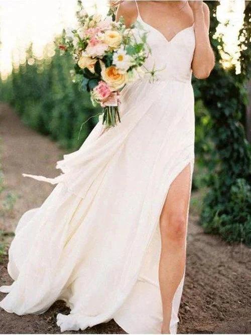 Simple Spaghetti Strap Summer Wedding Dresses with Slit MW286 by Musebridals