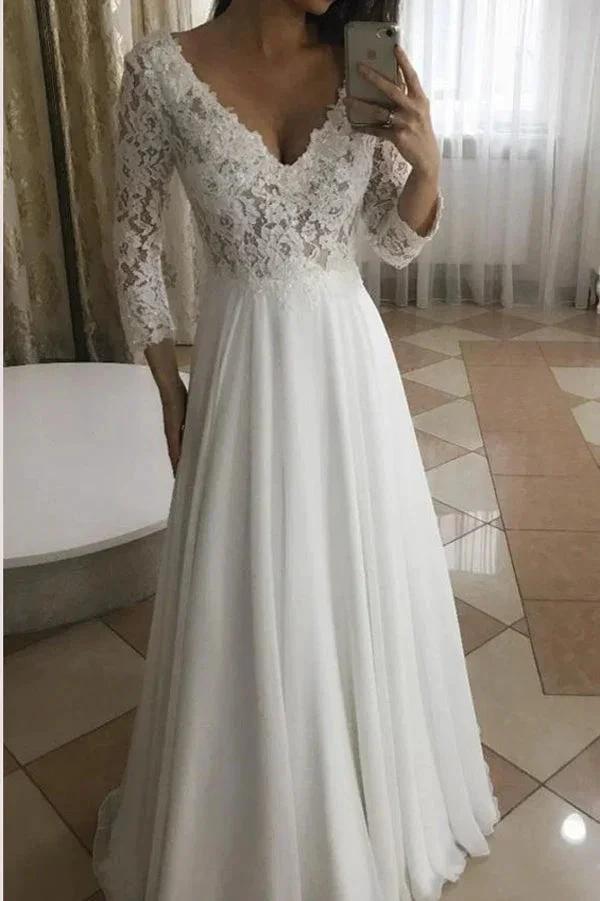 Elegant A-Line V-Neck Long Sleeves White Lace Long Wedding Dresses (ZD14005) - VelvetHem