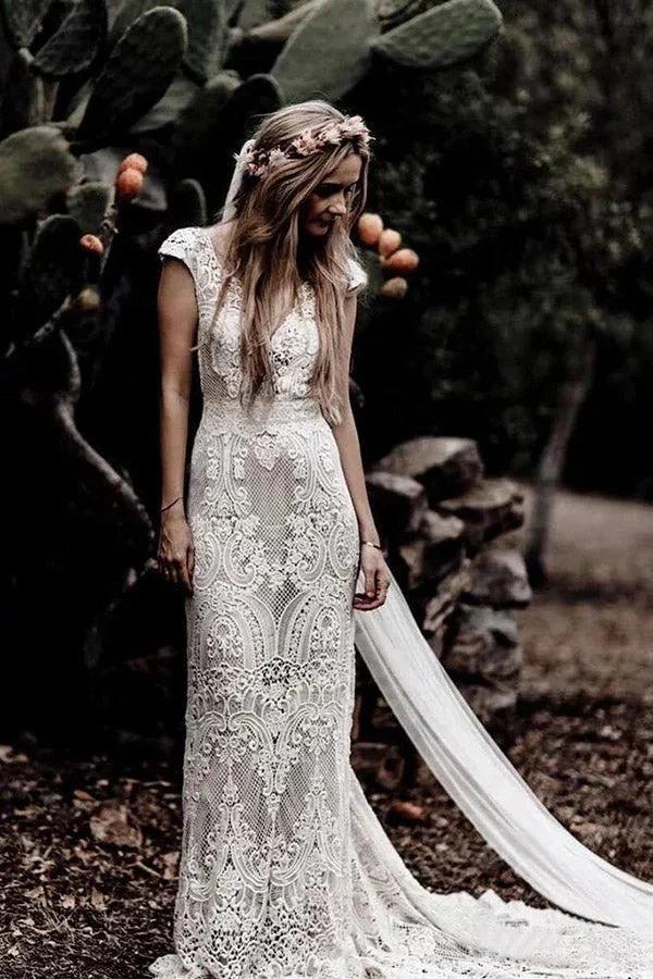 Cap Sleeve Sheath Boho Wedding Dresses Vintage Lace Rustic Wedding Dress MW314 by Musebridals