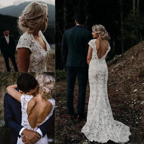 Charming Mermaid Lace Ivory Cap Sleeves Wedding Dresses Bridal Dresses (ZD13998)