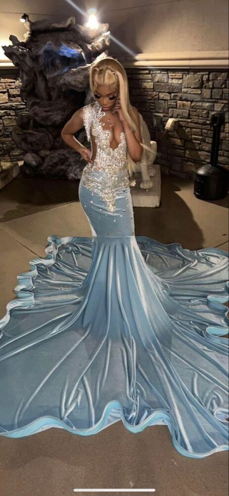 Baby Blue Mermaid Lace Appliques African Prom & Evening Dress - FashionDia