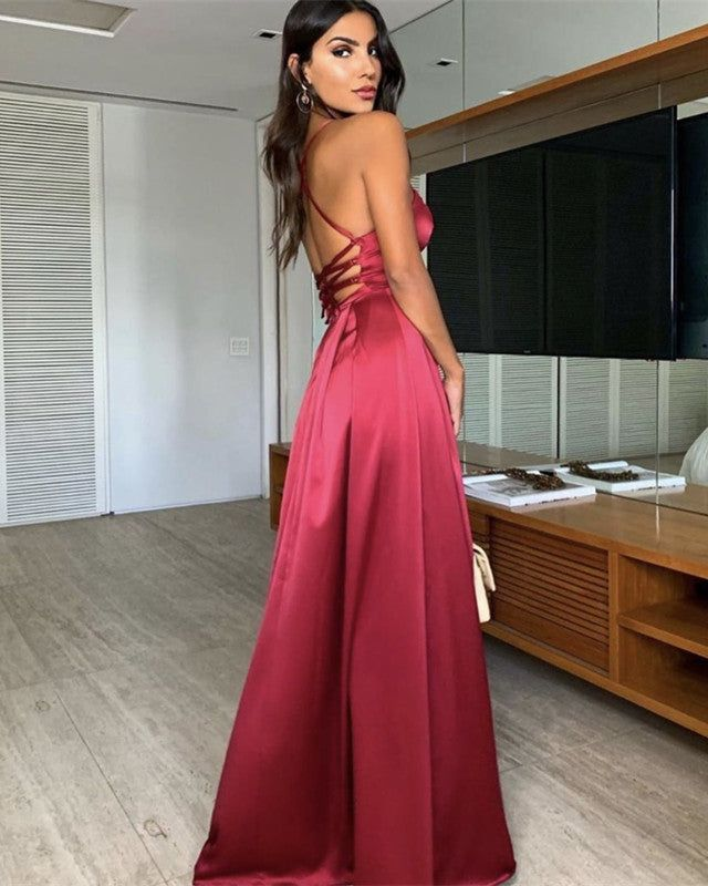 A-Line Lace Up Back Satin Floor-Length Prom Dress
