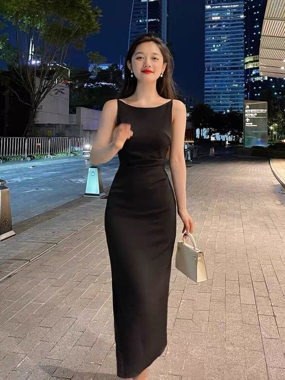 Black Boat Neck Satin Dress,Bodycon Long Prom Dress,Beautiful Satin Dress - FashionDia
