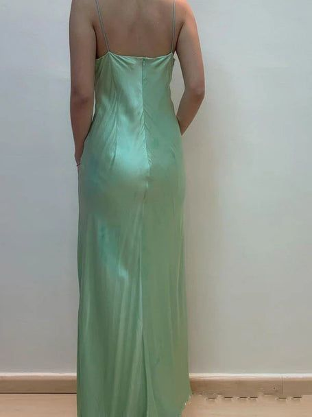 Vintage Green Spaghetti Straps Beading Sheath Long Party Dress Formal Prom Dress - View 2 | FashionDia