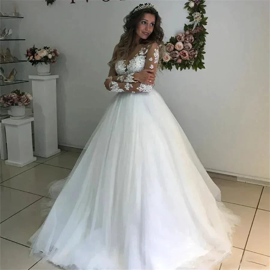 MYYBLE Illusion Scoop Long Sleeve Wedding Dresses Lace Appliques Sheer Back White/ Ivory Tulle Wedding Dress Lace Wedding Gowns (ZD14106)