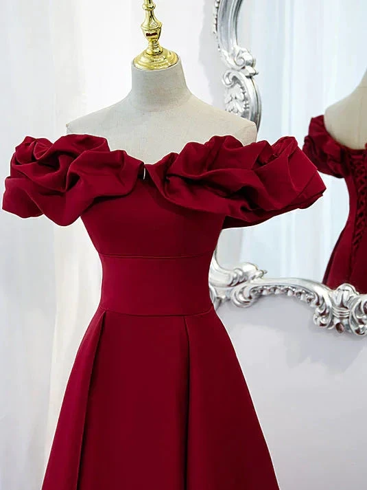 Burgundy A-Line Off Shoulder Satin Homecoming Dress (ZD12084)