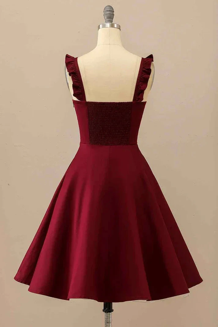 Burgundy A-line Ruffle Straps Satin Mini Homecoming Dress (ZD12804)