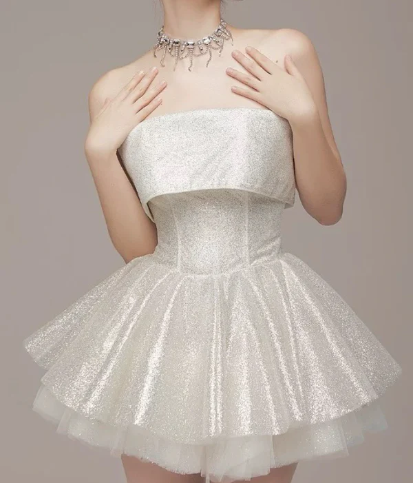 Glitter Strapless White Sequin Tulle Homecoming Dress A Line Short Cocktail Dress