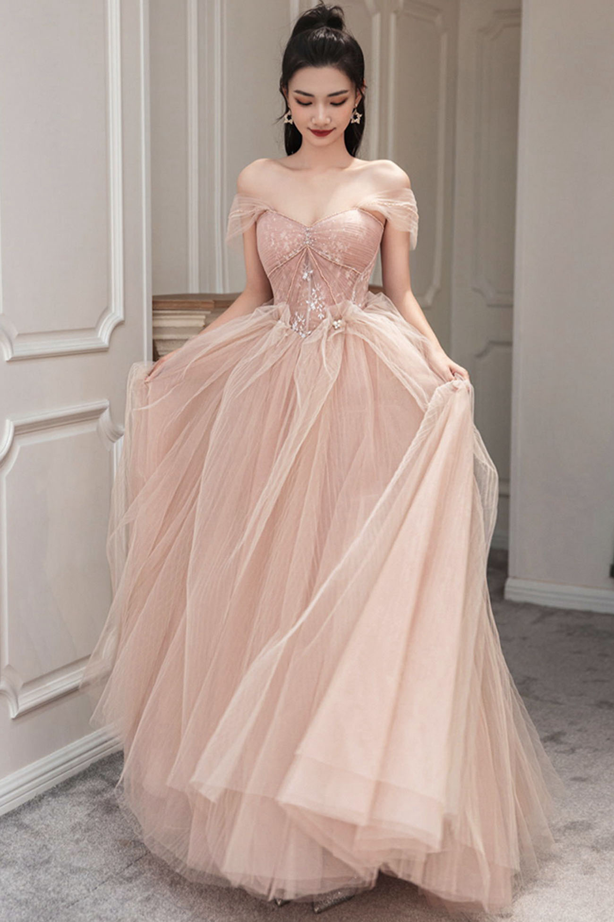 Pink Tulle Long Prom Dress Pink Evening Dress Y1825 - VelvetHem
